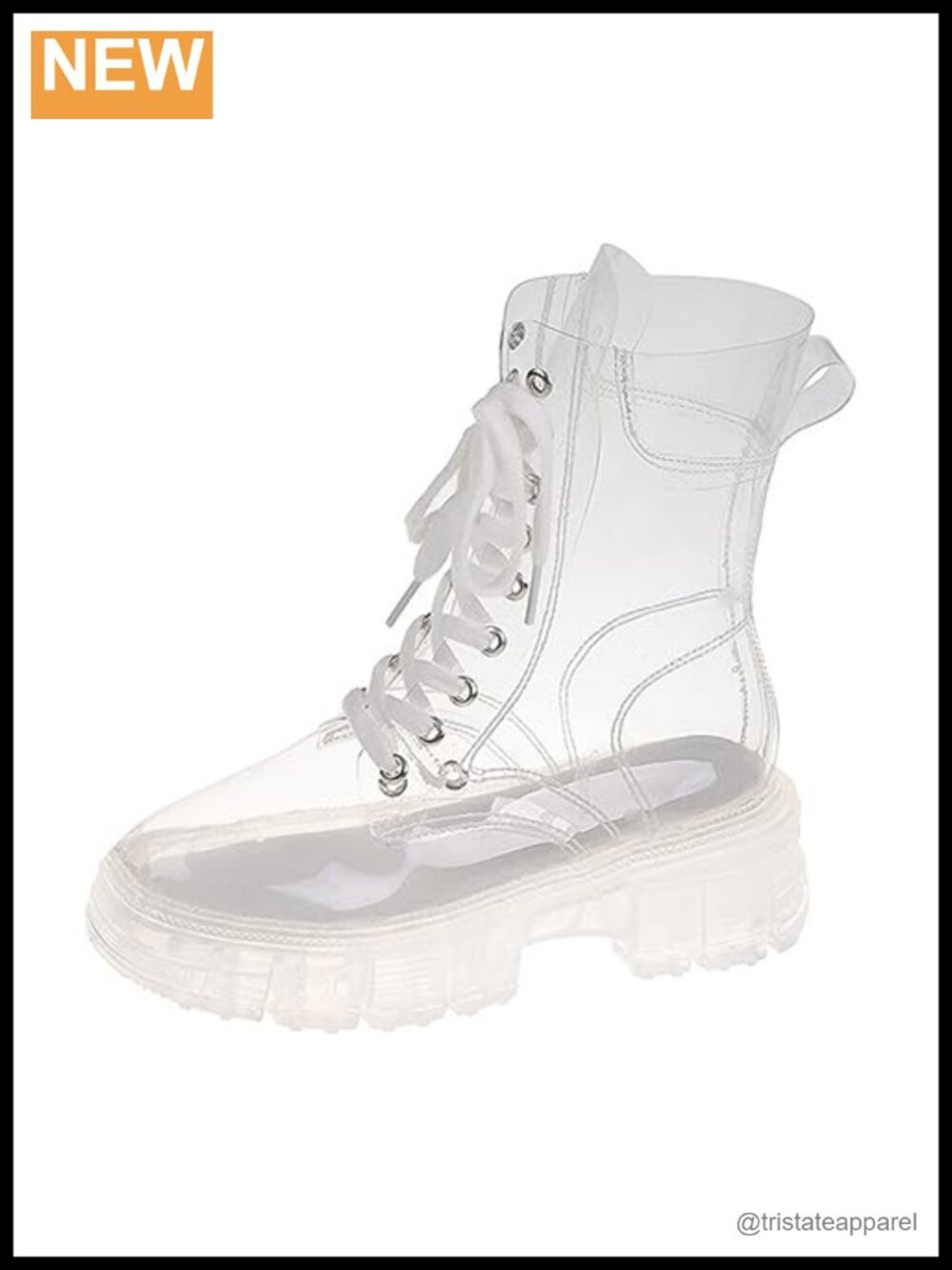 Transparent PVC Lace Up Platform Combat Ankle Boots Clear Waterproof